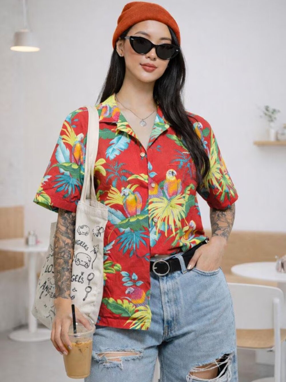 90s VINTAGE Red Tropical Bird Button Up Shirt | Summer Shirt | SMALL